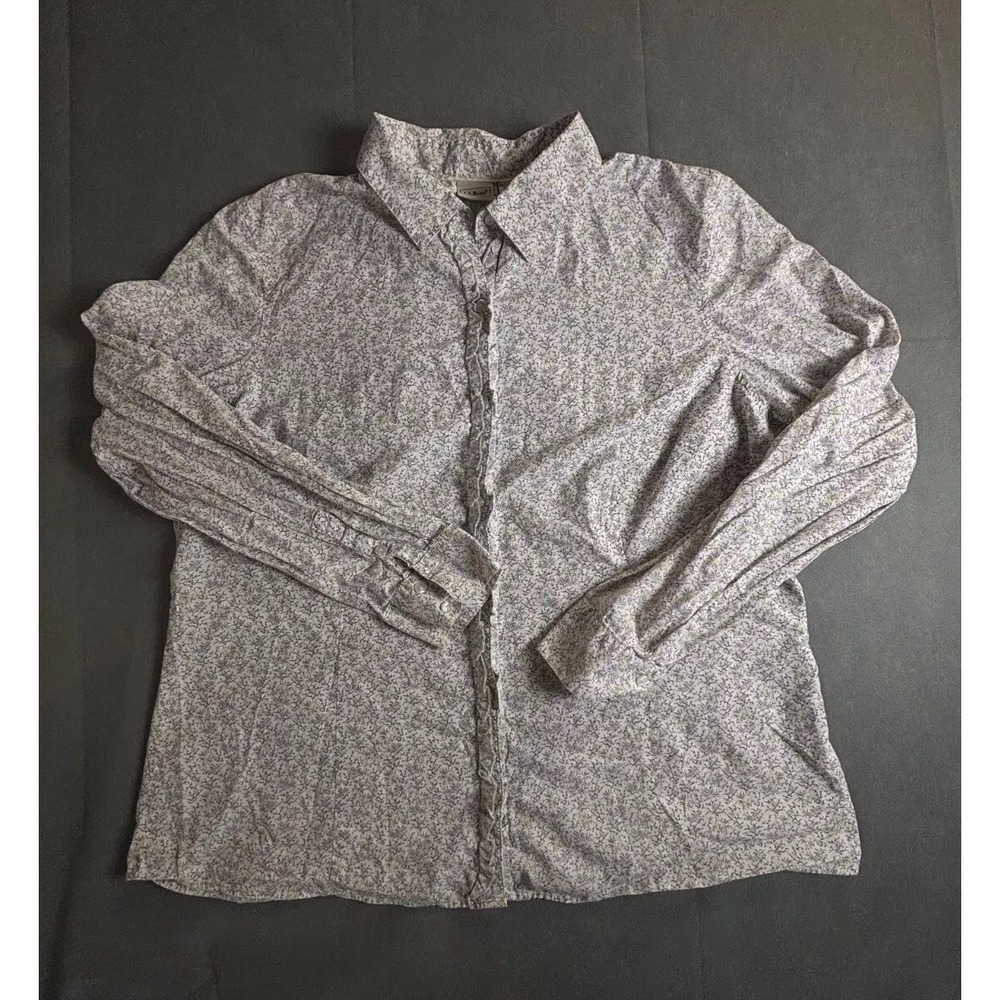 L.L.Bean Shirt Womens XL White Floral 100% Cotton Collared Long Sleeve Button-Up